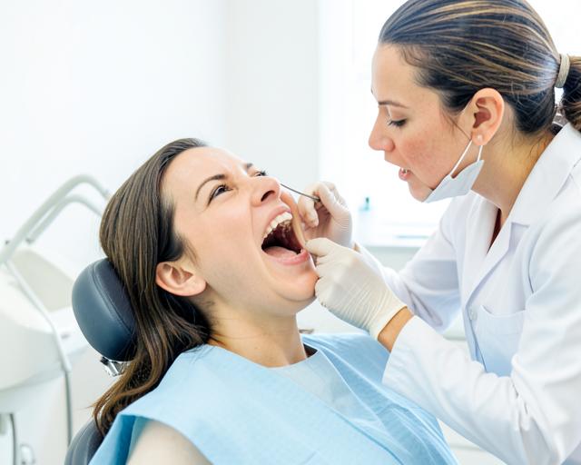Dentista avaliando a articulação da mandíbula de uma paciente
