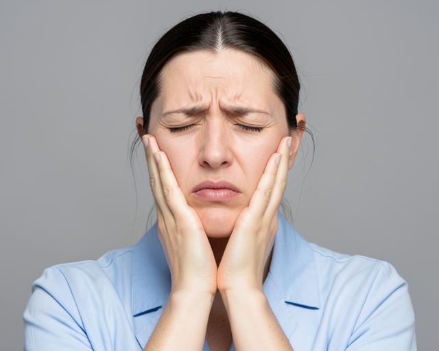 Mulher segurando o rosto com expressão de dor facial